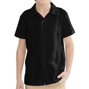 OEBLD Boys Cuban Guayabera Shirt Short Sleeve Button Down Shirts V Neck Cotton Linen Shirts (7-8 Years, Black)
