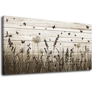 Wildflower Wall Art Autumn Canvas Picture Butterfly Grass Dandelion Artwork Vintage Wooden Board Painting Prints for Bedroom Living Room Office Home Kitchen Wall Decor Framed Ready to Hang 24" x 48"