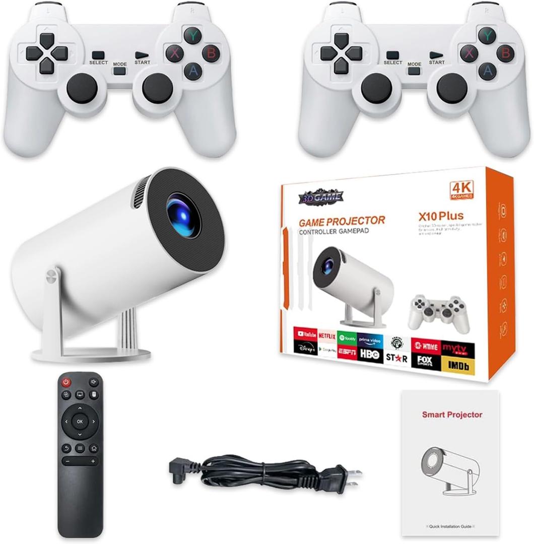 X10 Plus Retro Game Console with Projector,4K HD Portable Projector with 10000+ Games,Plug and Play TV Video Game Stick,Android TV 11.0, WiFi,Smart Projector with 2.4g Wireless Controllers