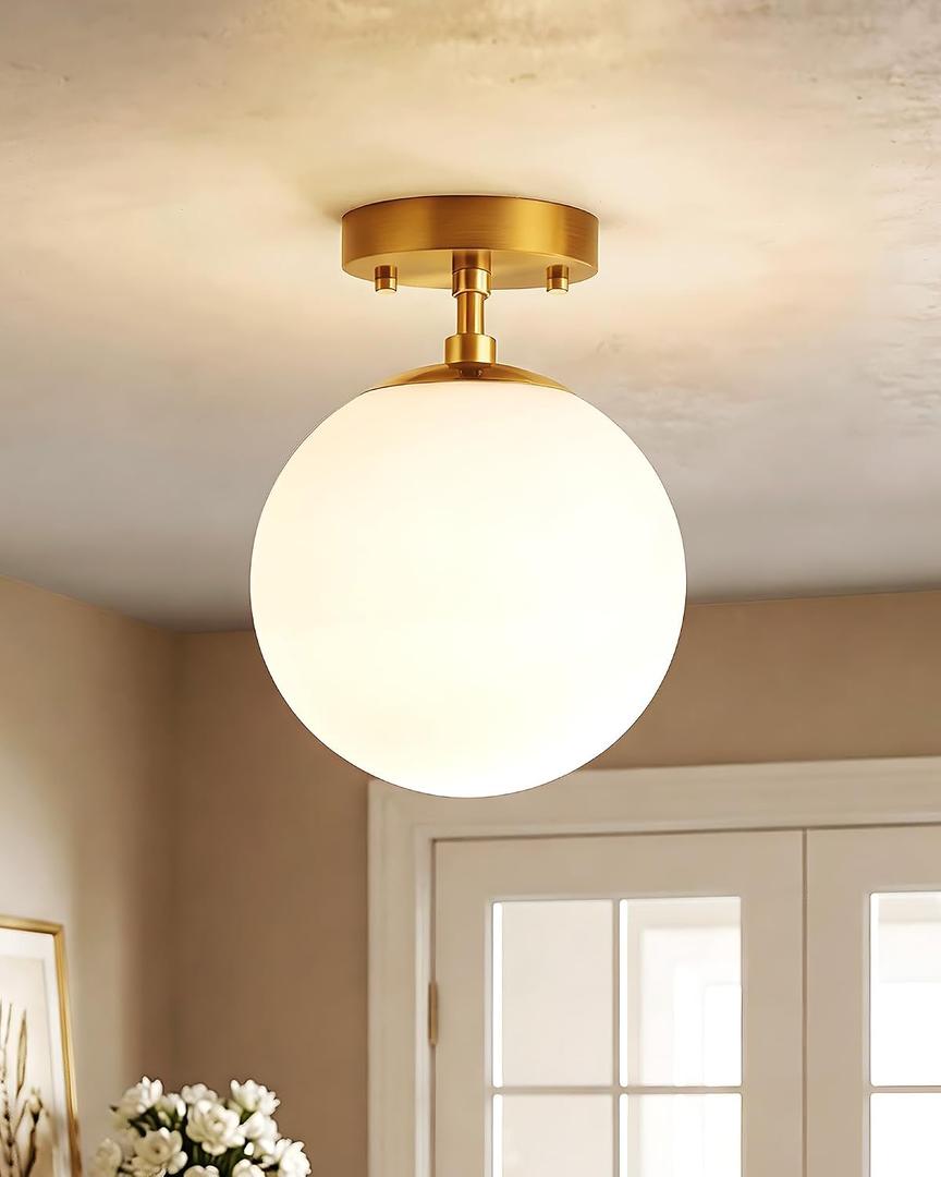 Majade Semi Flush Mount Ceiling Light 6" Globe Mid Century Modern Light Fixture Milk Glass with Gold Brass Finish Light Fixtures for Hallway Entryway Kitchen Island Closet Laundry Bathroom(2 Pack)