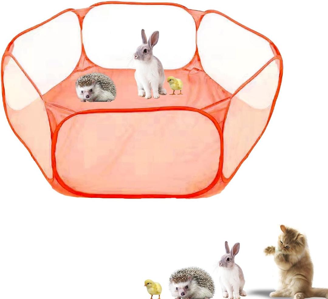 Small Animals Playpen, Portable Pop-up Open Interactive Pet Tent, Indoor Outdoor Fence for Rabbits, Guinea Pig, Hamster, Chinchillas, Kittens, Puppies (Orange)