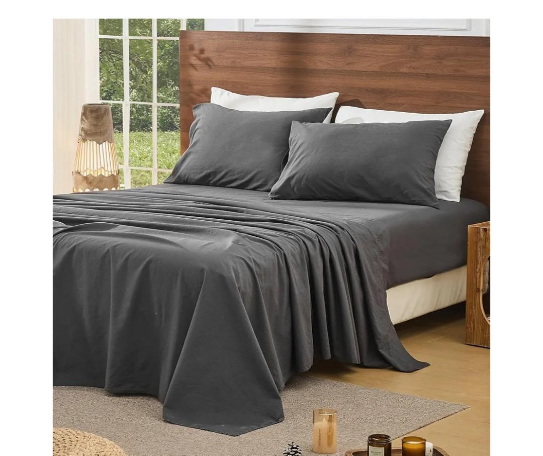 French Pure Linen Sheets Queen Size Breathable and Cooling Flax Sheet Set Soft Durable and Moisture Wicking 16 Inch Deep Pocket-4 Piece(Queen, Dark Grey)