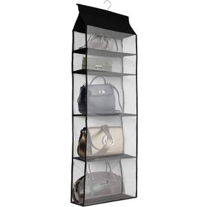Improved Closet Handbag Purse Holder with 5 Large Heavy-Duty Mesh Shelves, Space Saving Hanging Handbag Storage Tote Bag Organizer Holder for Wardrobe Closet(Black)