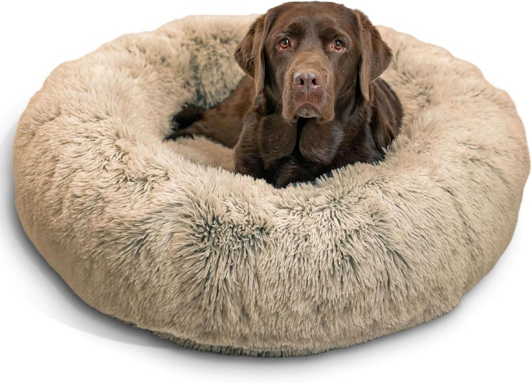 Best Friends by Sheri The Original Calming Donut Dog Bed  Washable Plush Pet Bed for Large Breeds up to 100 lbs, Shag Faux Fur, Taupe, Large (36" x 36")