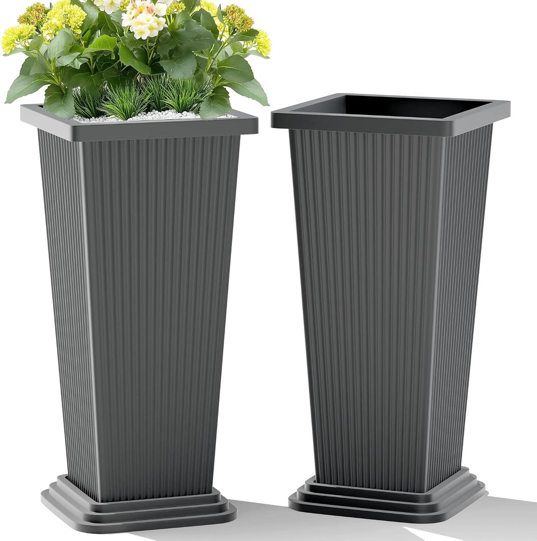 TUYOHW Set of 2 Tall Planters, 24" Large Indoor Outdoor Flower Pots with Tray, Modern Tapered Planters for Porch, Patio, Garden, Backyard
