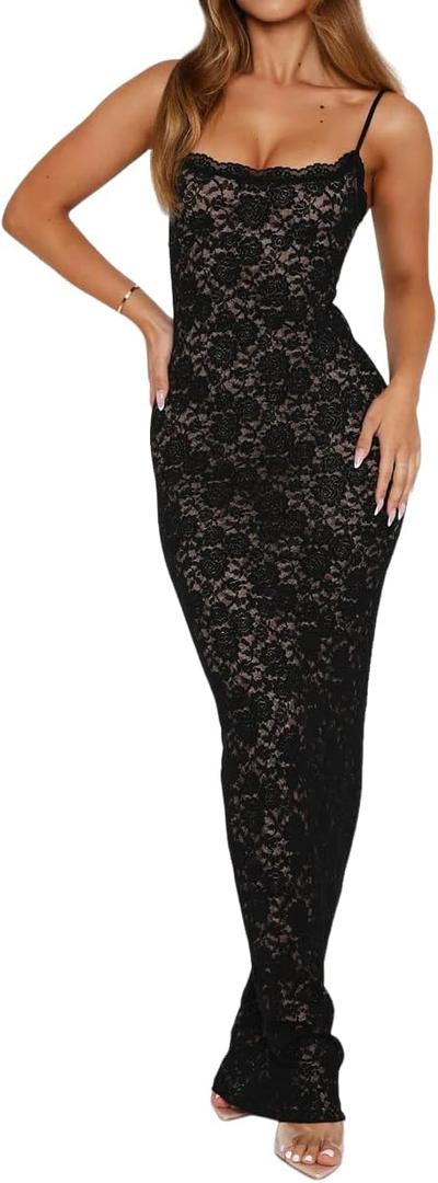 Women's Lace Maxi Dress Spaghetti Strap Slim Fit Sleeveless Gown with Lace Bust for Evening & Party (XS, Black)