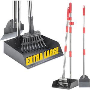 Dog Pooper Scooper Set, Pooper Scooper for Dog, Heavy Duty Stainless Steel Rake with Extra Large Tray & Spade No Bending Clean Up for Pet Waste Removal, for Grass, Dirt Or Gravel