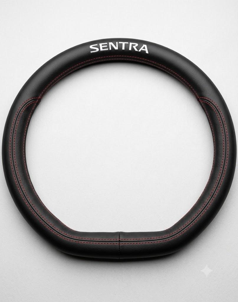 Steering Wheel Cover for Nissan Sentra, Premium Leather Microfiber Non-Slip Breathable Auto Steering Wheel Protector with Red Stitching, Universal
