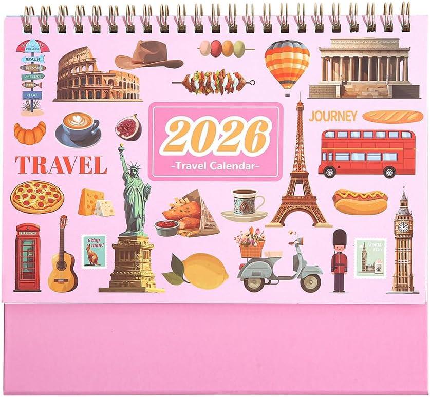 2026 Calendar-Desk Calendars January-December Double Wire Flip-Up Desk Calendars - Monthly & Weekly Planner with Sticker Set, Featuring Famous World Travel Destinations for Vacation Inspiration for Home School, or Office (Pink)