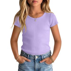 Girls T-Shirt Ribbed Short Sleeve Tops Knit Slim Fit Shirt 13-14 Y Crew Neck Casual Summer Trendy Tees for Youth Teen