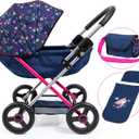 Bayer Doll Pram Stroller & Accessories Set, 18 Inch Doll, Blue, Pink Hearts, Includes Blanket & Shoulder Bag, Foldable