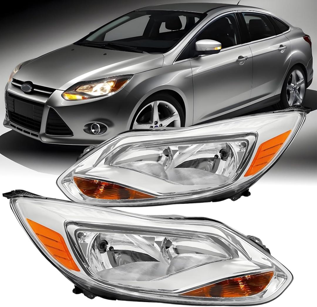 Pair Headlights Assembly W/Bulbs For 2012 2013 2014 Ford Focus SE SEL Titanium Base Hatchback Sedan Replacement Halogen Headlamps Driver and Psaaenger Side Chrome Housing Clear Lens(LH&RH)