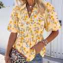 Womens Puff Sleeve Floral Babydoll Tops Lapel Collar V Neck Ruffle Peplum Blouse Smocked Tunic Top Dressy Tee Shirts (Yellow, M)