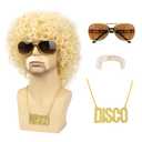 Mens 70s 80s Disco Blonde Curly Wig 5pcs Set (Wig+ Glasses+ Necklace+ Mustache+ Cap) for Rocker Halloween Costume Cosplay
