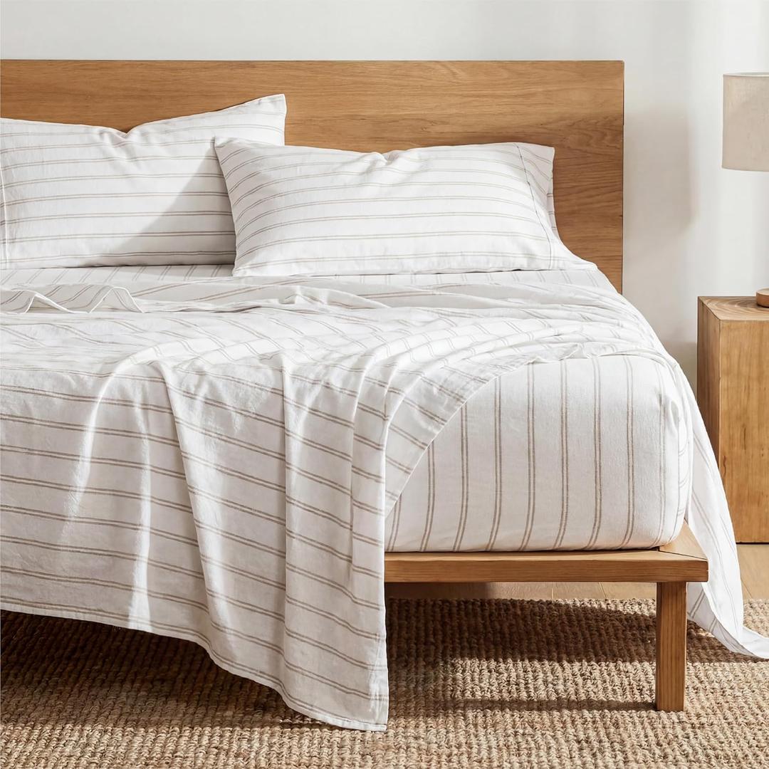 Bedsure Striped Sheets Queen Size - Fits Mattresses Up to 16" Deep - 4 Piece Breathable Bed Sheets, Imitation Cotton Textured Jacquard Bedding Sheet Set, Dobby Stripe Bedsheet & PillowcasesWhite
