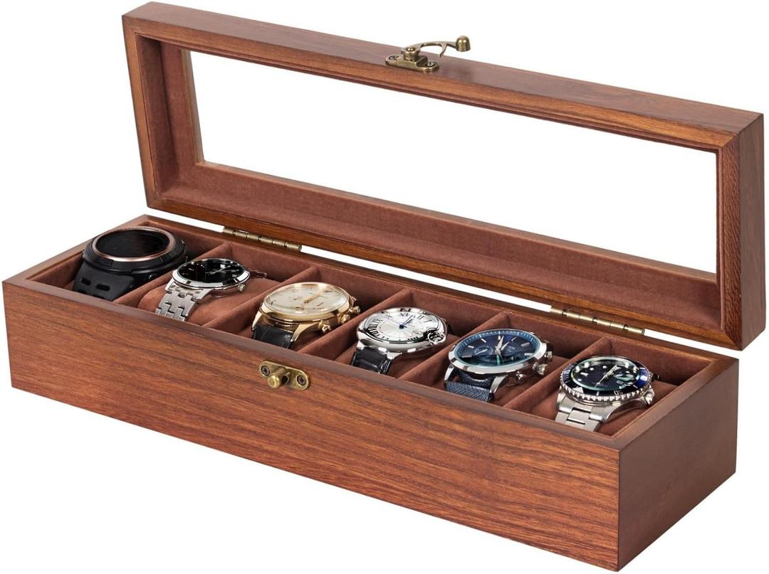 Watch Box, Watch Case for Men Women with Large Glass Lid, Wooden Watch Display Storage Box with 6 - Slots, Retro Walnut Mens Watch Box Organizer