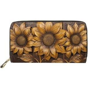 Retro Sunflower Women Soft Leather Purses Zipper Protable Travel Wallet Long Shopping Pouch, Portable Zippered Women Purse Wallet, Gift for Mom, Gold