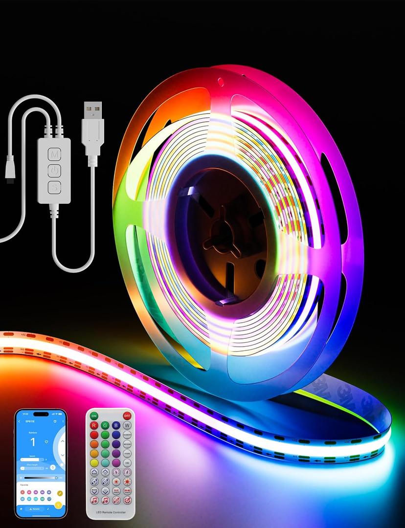 PAUTIX RGB Smart IC USB LED Light,5V RGB COB LED Strip USB Powered,UL-Listed Multicolor Flexible Tape Light 6.56ft/2m with Music Mode/APP Control,for TV,Scooter,Computer Desk Decor