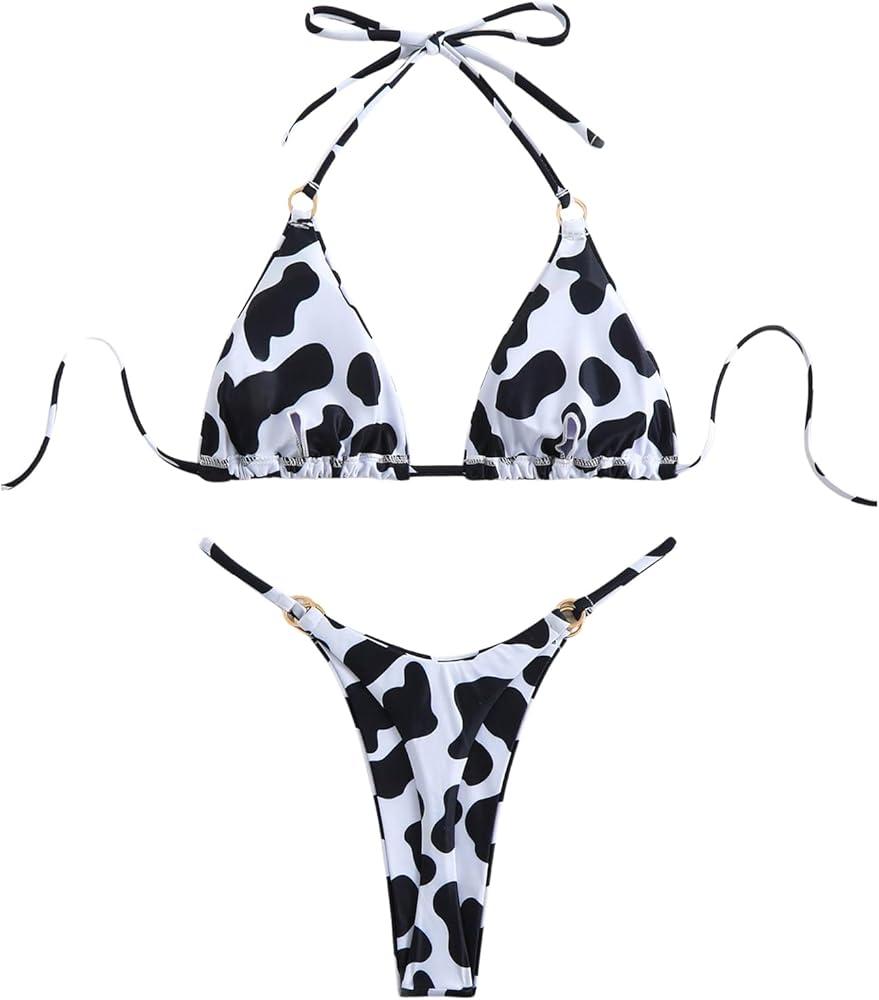 WDIRARA Women's 2 Pieces Cow Print Bikini Set Halter Swimsuit High Cut Bathing Suit (XS, Black and White)