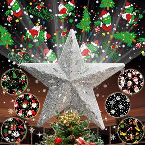 10" Christmas Tree Topper Projector with 6 Projection Modes, Built-in LED Rotating Light, 3D Glitter Dynamic Projector Light Up Xmas Tree Topper Star for Christmas Holiday Party Decorations Gifts (Silver)