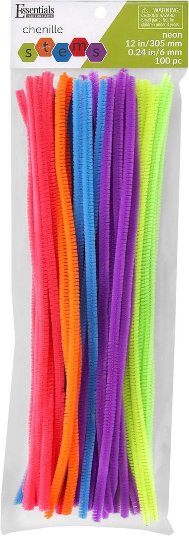 Essentials By Leisure Arts Chenille Stems Neon, 12 Inch 6mm, Bendable Craft Pipe Cleaners for DIY Projects, Dolls, Ornaments, Jewelry, and Decorations, 100 Pack