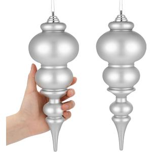 Soulchen 2 Pcs 12" Large Christmas Finial Drop Ornaments Giant Shatterproof Plastic Christmas Ball Ornaments Xmas Tree Topper Hanging Decorations for Holiday Xmas Decor (Silver Matte)