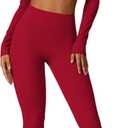 ABOCIW Workout Sets for Women Halter Long Sleeve Crop Top V Nack Scrunch Butt High Waist Leggings with Pocket Cherry Red, Small
