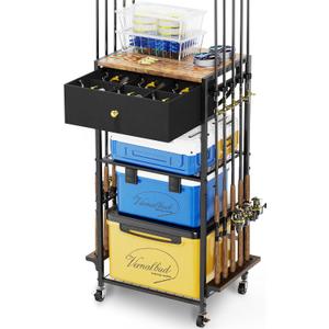 Fishing Rod Holders for Garage Holds Up To 10 Rods, 360 Degree Rotating Fishing Pole Holder, Tackle Storage Cart Fishing Gear and Equipment Organizers, Fishing Gifts for Men Women (Black)