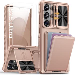 SSLOTSCASE for Samsung Galaxy S25 Ultra Case with 2X Screen Protector, [9H Hardness] Military Grade Shatterproof, Card Holder & Stand & Slide Lens Cover, Heavy Duty Phone Case for S25 Ultra, Rose Gold