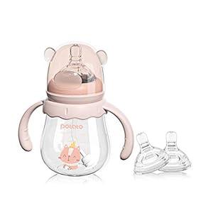 POTATO Glass Baby Bottles, Anti-Colic Breastfeeding Bottles with Medium Flow Nipple, Suitable for Babies 3-6 Months, 2 Replaceable Nipples, 6 oz, Pink