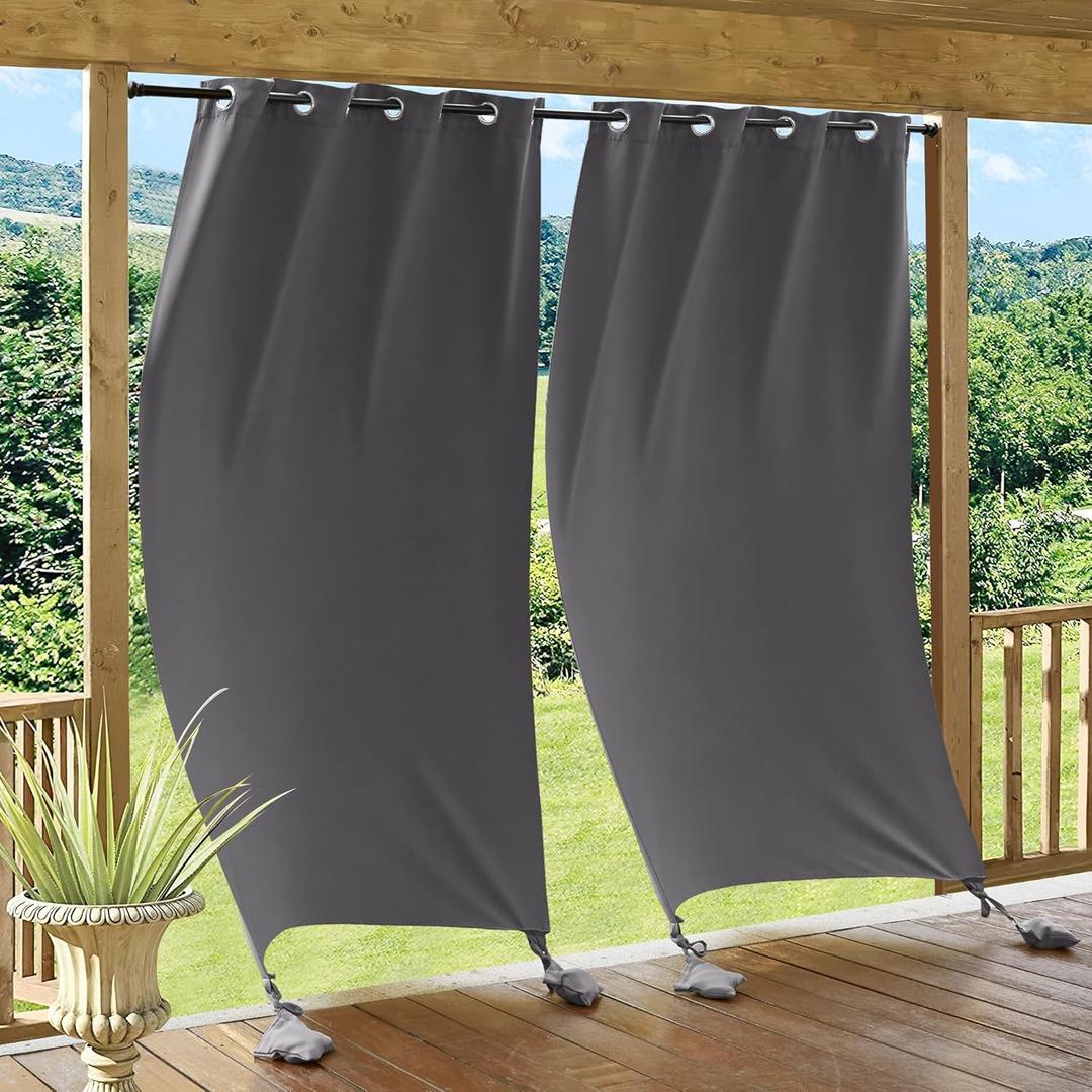 RYB HOME Outdoor Curtains Windproof - Waterproof Blackout Curtain with Weight Bag, Privacy Insulated Drapes for Patio Screen Porch Pergola Terrace Gazebo Area, W 52" x L 90", 2 Pcs, Grey