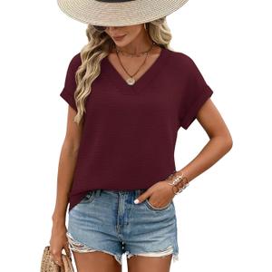 WIHOLL Womens Tops Dressy Casual Rolled Short Sleeve V Neck T Shirts Summer Business Work Blouses Crepe Texture Outfits