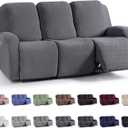 KinCam Recliner Covers, Stretch Reclining Chair Covers, Recliner Sofa Slipcovers Stripe Jacquard Recliner Couch Covers Furniture Protector Covers for Pet Kid (3 Seater, Dark Gray)