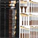 Nicpro 30pcs Paint Brush Set, Professional Paintbrushes with Paint Spatula and Cloth Roll, Craft Paint Brushes for Acrylic Painting, Oil, Watercolor, Gouache, Art Supplies for Artists and Beginners (Wood)