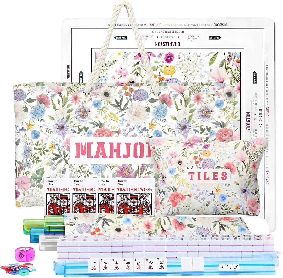 American Mahjong Set with 3-Piece Floral Mahjong Bag Set, 17.3in