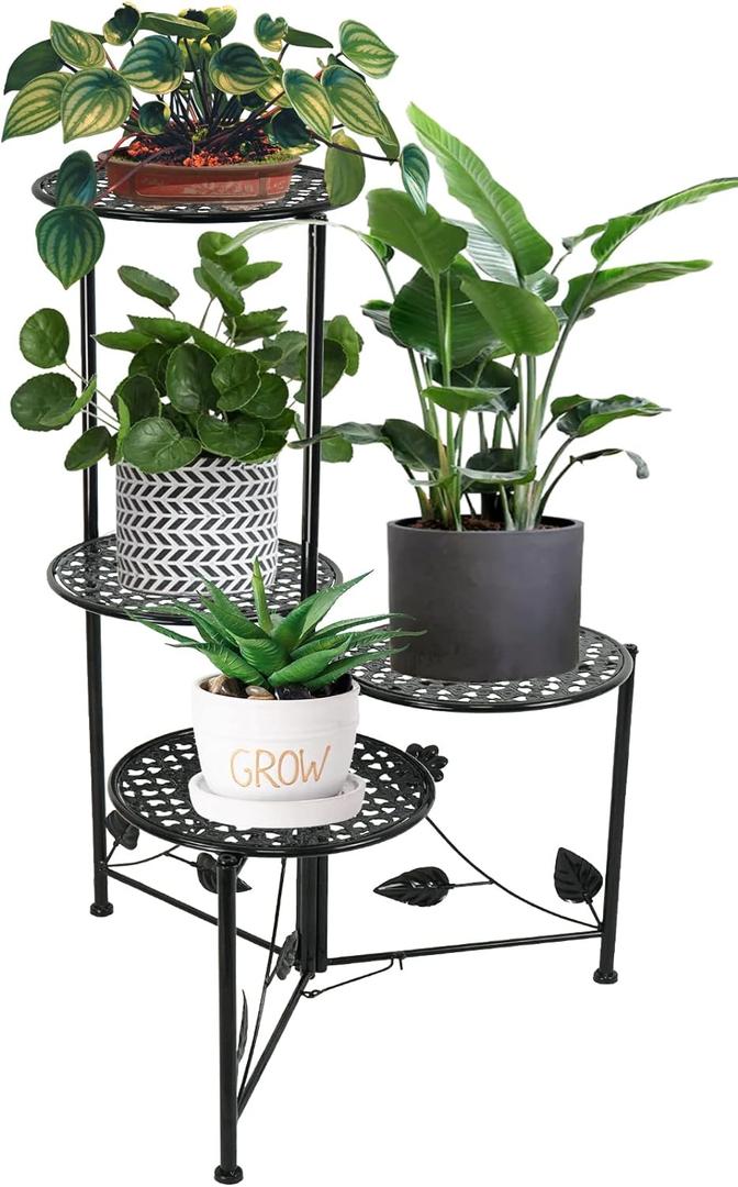NAKUPE Plant Stand Indoor Outdoor, 4 Tier Corner Metal Flower Display Holder Shelf for Multiple Plants, 30" Tall Heavy Duty Planter Rack for Patio Garden Balcony Living Room, Black