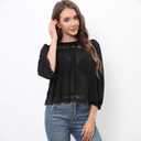 Womens Black Lace Inset Top Semi Sheer Blouse Ruffled Neckline 3/4 Sleeve Casual Shirt (Black, S)