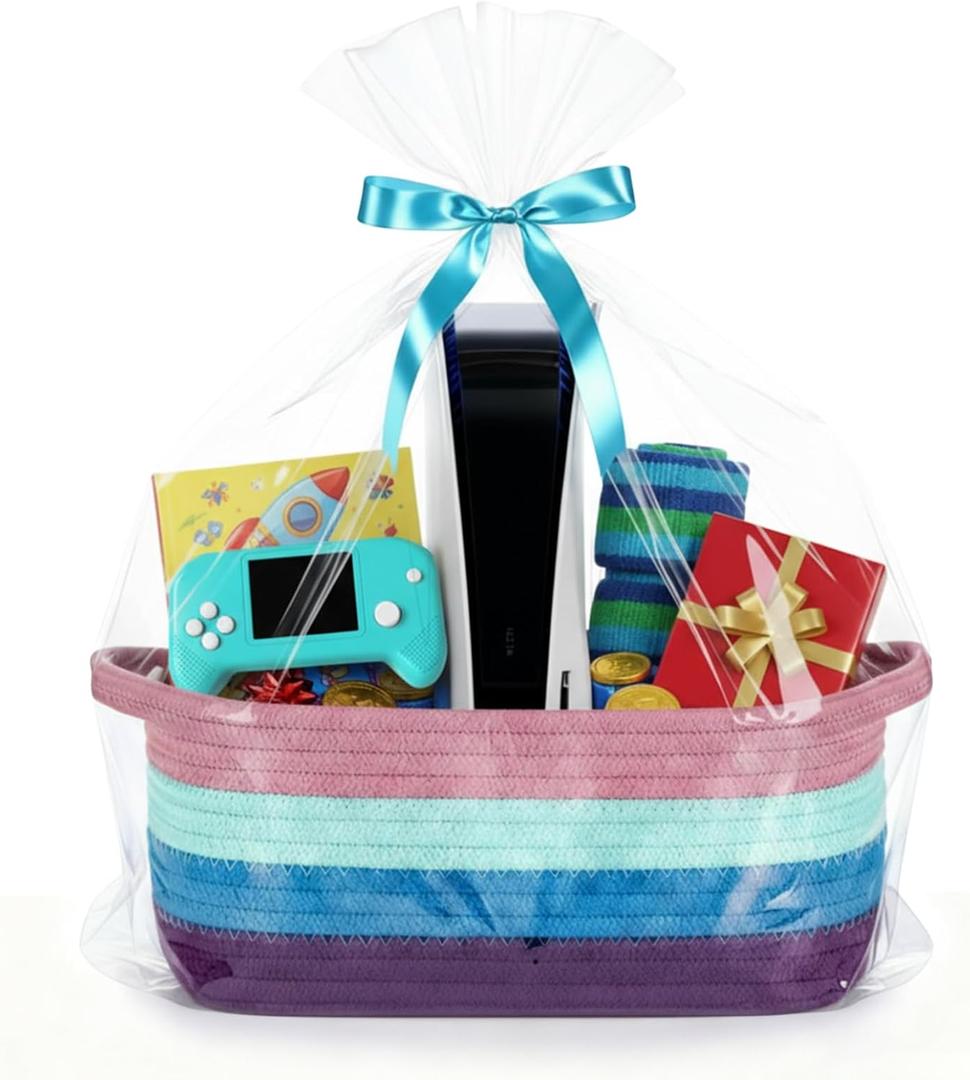 Leinuosen Easter Gift Basket with Bag and Ribbon Video Game Party Supplies Small Woven Empty Gift Basket for Gamers Birthday Party Decorations Favors Storage Bin Wedding
