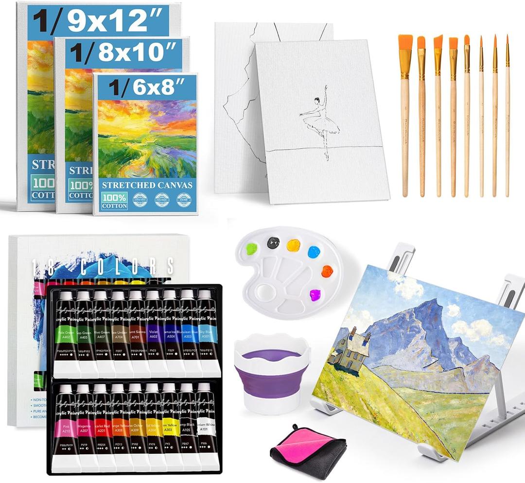 Acrylic Paint Set for Kids & Adults, Art Painting Supplies Kit with 18 Acrylic Paints, Paint Brushes, Canvas, Easel