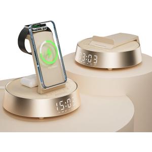 Alarm Clock with Wireless Charging Station, Clock for Bedroom with Dimmable Night Light Bluetooth Speaker, Wireless Charger Dock Station for iPhone 16 15 14 13 12 11 Pro Max, Apple Watch, AirPods Pro