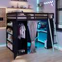 Merax Full Size Loft Bed with Desk and 6 Storage Shelves, Wardrobe, Blackout Curtain, Solid Wood Gaming Loft Bed Frame with USB Port & RGB Lights, No Box Spring Needed, Space-Saving, Black+Blue