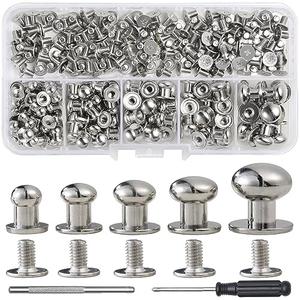 YORANYO 120 Sets Round Head Button Stud Assorted Sizes Button Screw Stud for Leather Chicago Screws Spikes and Studs Silver Leather Rivets for Repair Decorate Clothing Shoes Belts Bags Dog Collars