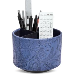 Hennaja Round Leather Art Supply Organizer,Remote Control Holder,360 Degree Spinning,Multi-Functional Pencil Holder,4 Compartments Desktop Stationary Organizer(Carved Blue)