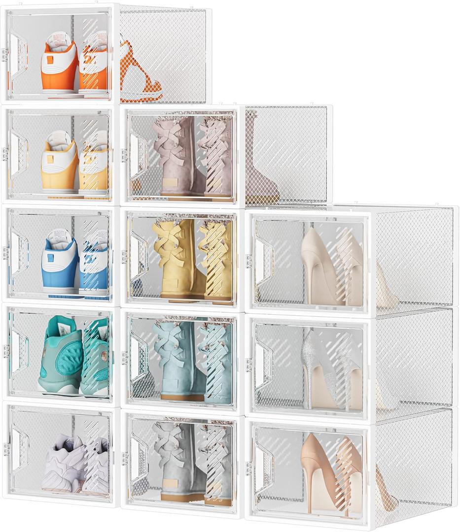 Shoe Storage, 12 Pack X-Large Shoe Organizer for Closet, Shoe Boxes Clear Plastic Stackable Shoe Storage Boxes for Size 13 (White)