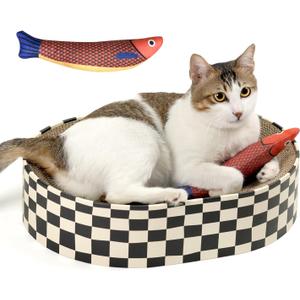 Cat Scratcher Bed,2 in 1 Oval Cat Scratching Board for Indoor,Scratch Pad Corrugated Cardboard Lounge Bowl Nest Couch Sofas for Kitty Play&Rest,Holiday Birthday Gift with Kittens Toy Fish (Cat Toy Fish+Checkerboard)