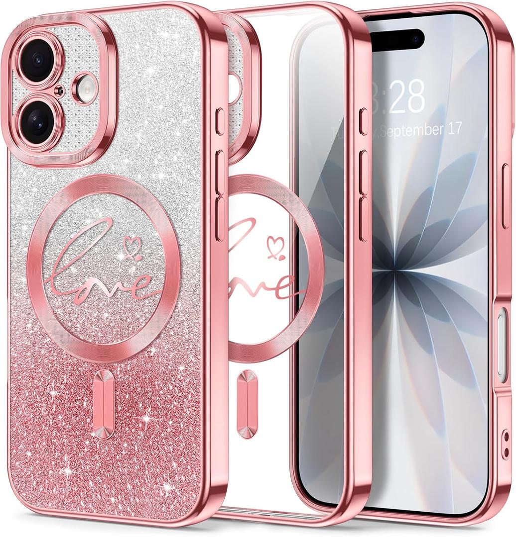 Hython for iPhone 17 Case Glitter, Compatible with MagSafe Love Heart Magnetic Clear Phone Cases for Women Girls, Full Camera Protection Sparkle Plating Shockproof Protective Cover, Pink