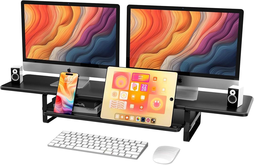 ECO-WILL Dual Monitor Stand Riser, 2-Tier Desktop Shelf with Phone Holder, Cable Management, Storage Organizer, Black (Black)