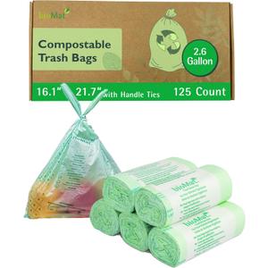 bioMat Compostable Trash Bags 2.6 Gallon with Handle Ties, 125 Count, Small Kitchen Food Scrap Bin Liners, BPI, CMA and OK Compost HOME certified, Meets the ASTM D6400 Standard