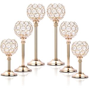 OwnMy Set of 6 Tealight Candlestick Holders - Metal Crystal Bowl Candelabras, Tall Votive Candlestick Holders - Elegant Candle Centerpiece for Dining Table Wedding Decor, Gold