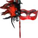 2024 New Masquerade Mask for Women with Stick - Shiny Women's Feather Mardi Gras Venetian Mask for Costume Accessory